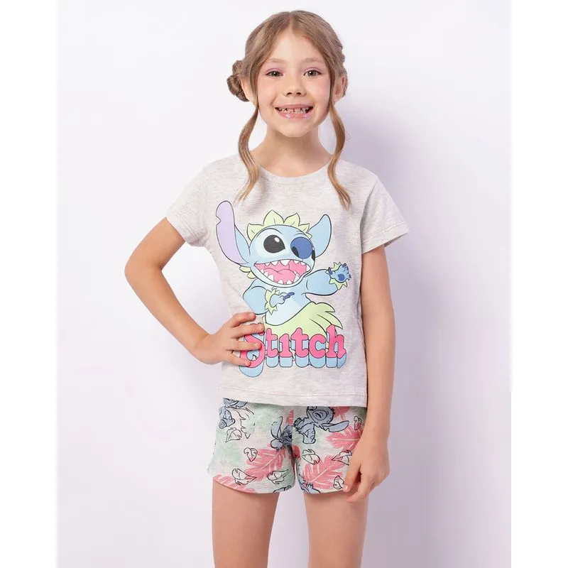 Pijama Infantil Curto Disney Stitch Folhagem Cinza 4