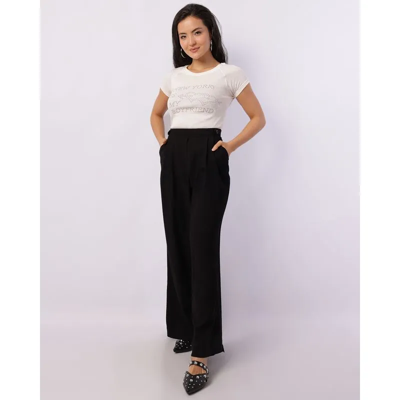 Calça Feminina Berry & Co. Wide Leg Viscose Bolsos Preta G