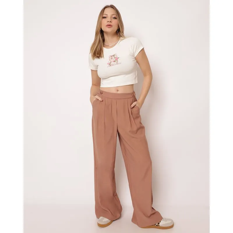 Calça Feminina Berry & Co. Wide Leg Poliviscose Bolsos Pregas Bege XG
