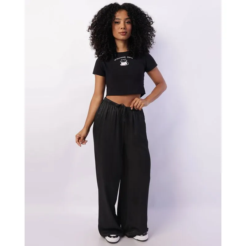Calça Feminina Berry & Co. Pantalona Viscose Acetinada Preta M