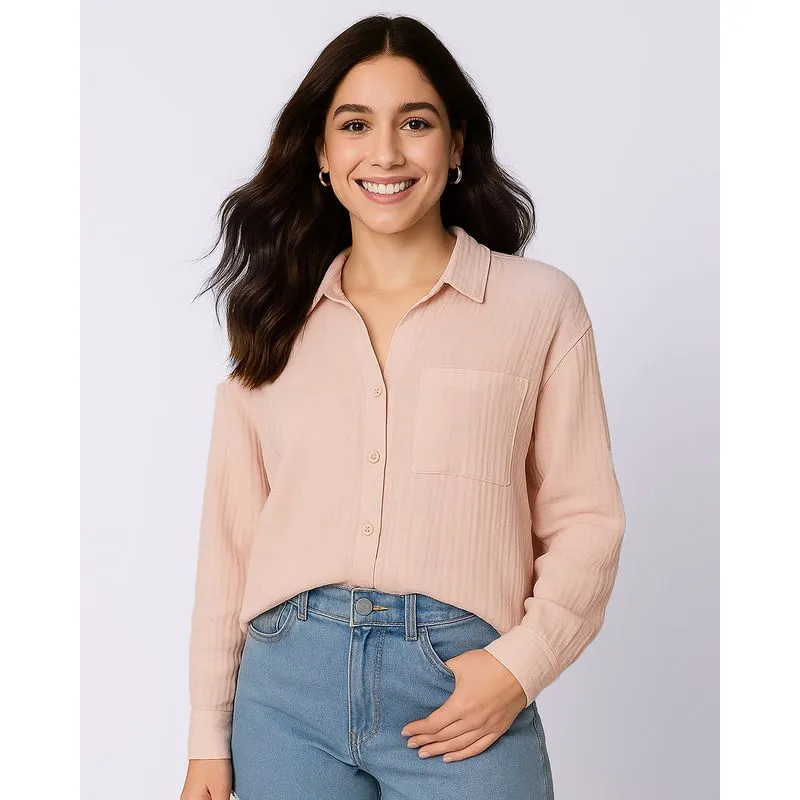 Camisa Feminina Berry & Co. Texturizada Manga Longa Bege PP