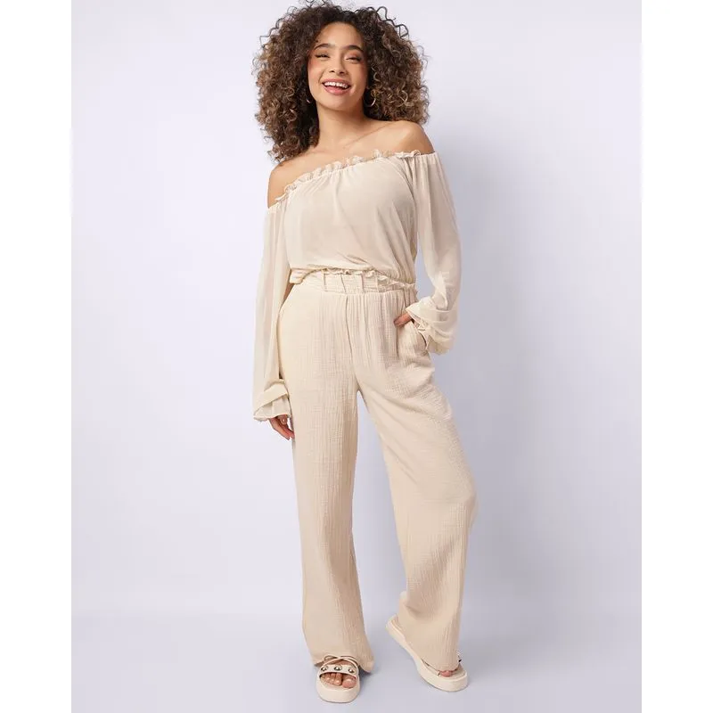 Calça Feminina Berry & Co. Wide Leg Algodão com Bolso Bege M