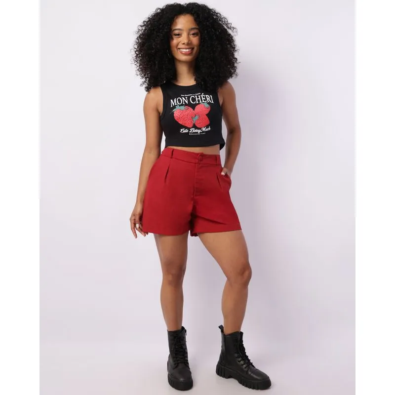 Short Feminino Viscolinho com Pregas Vermelho M