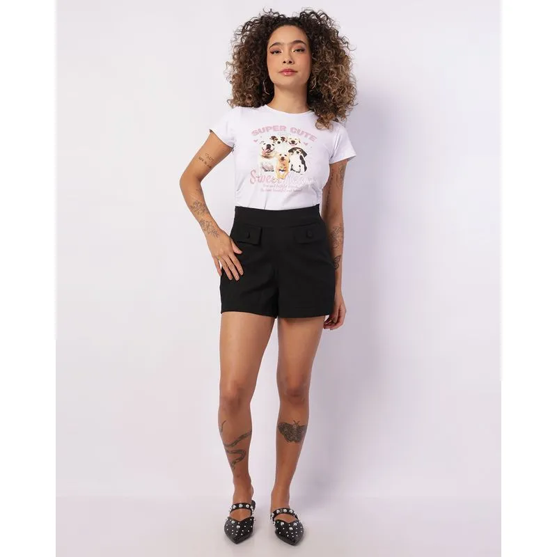 Short Feminino Alfaiataria com Botões Preto M