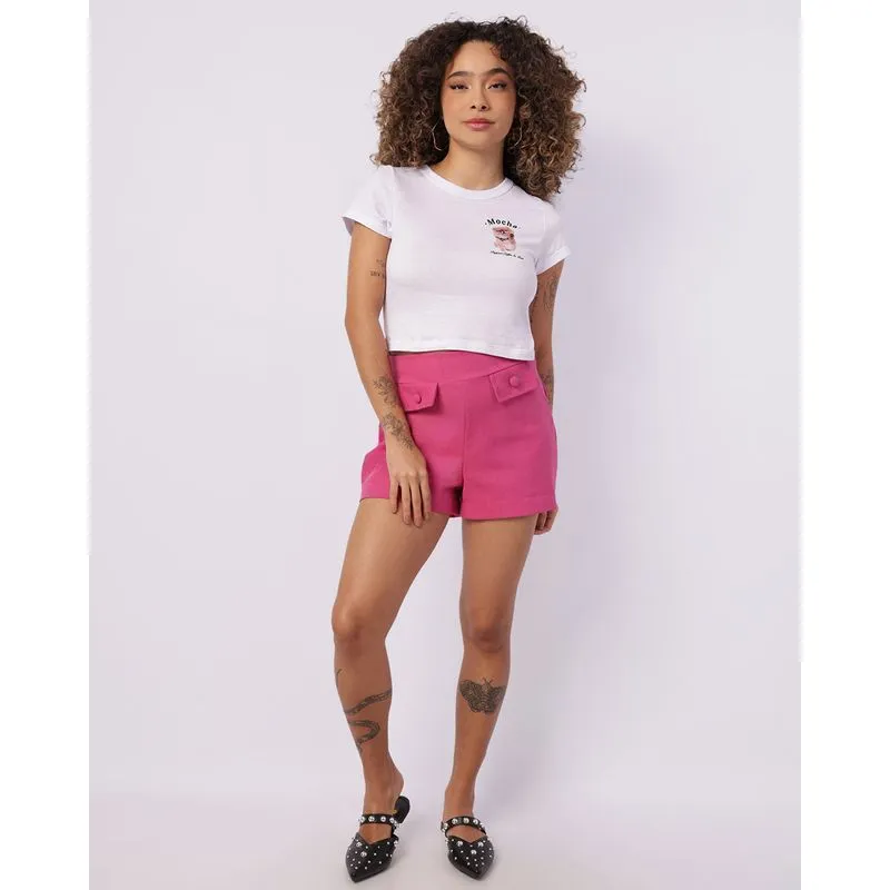Short Feminino Alfaiataria Com Botões Rosa P