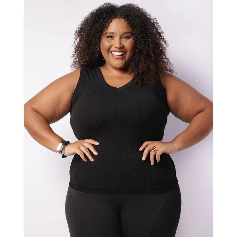 Regata Plus Size Feminina Sem Costura Texturizada Preta G1