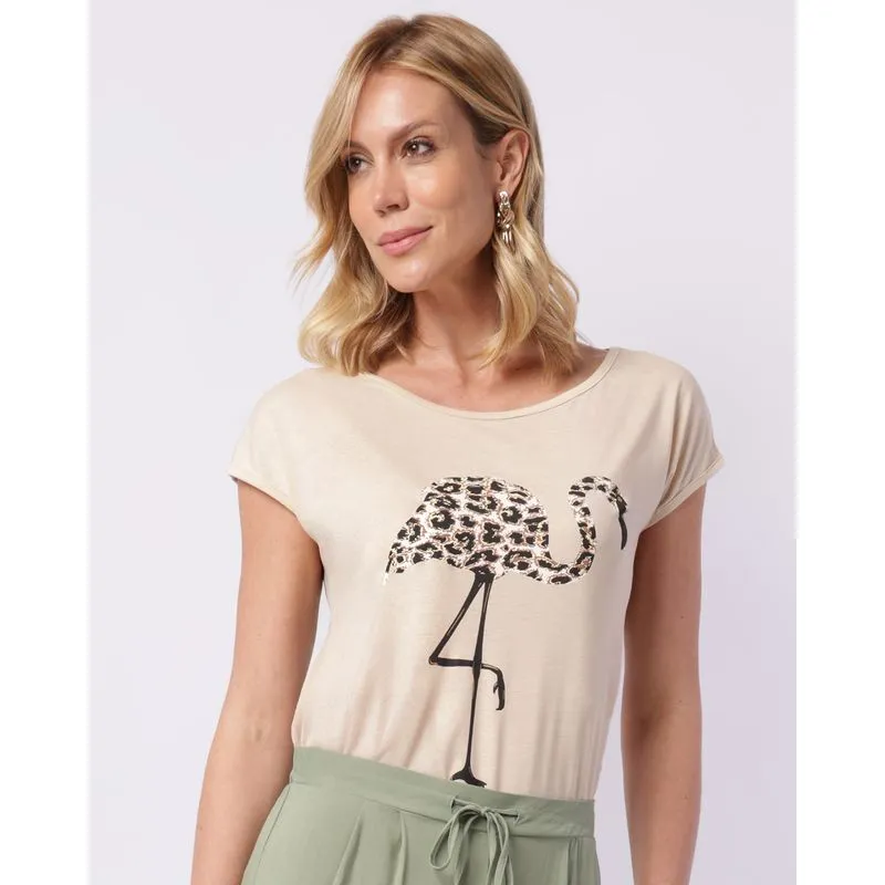 Blusa Feminina Decote Canoa com Estampa Flamingo Bege G