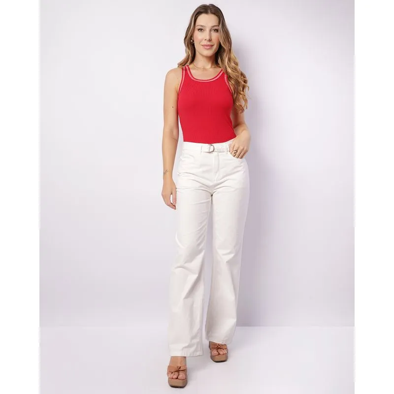Calça Sarja Feminina Reta com Cinto Off White 40