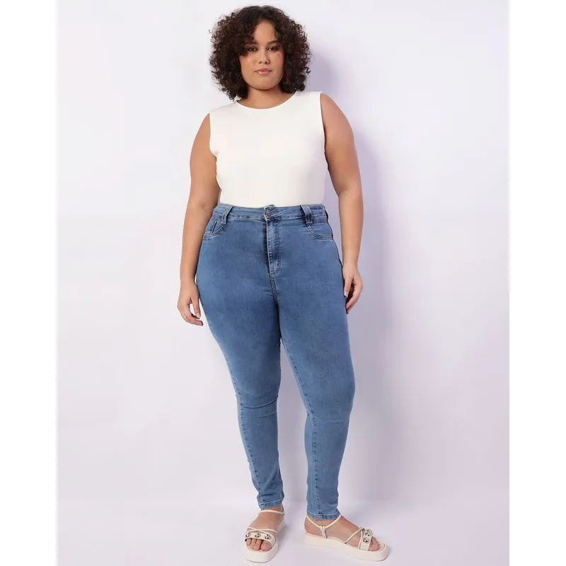 Calça Jeans Plus Size Feminina Skinny Levanta Bumbum Azul 50