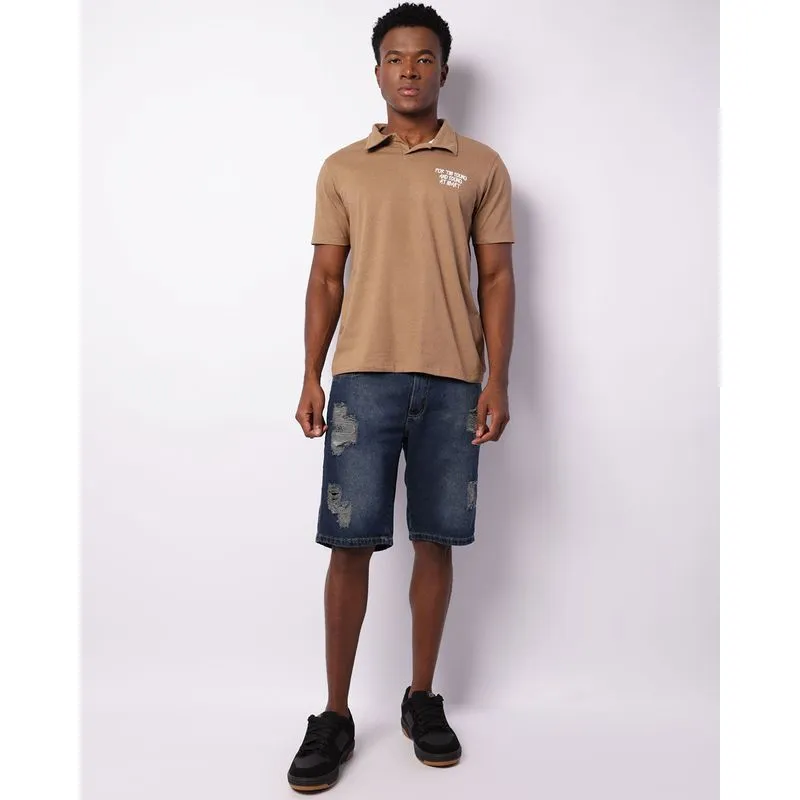 Bermuda Jeans Masculina Reta Destroyed Azul 46