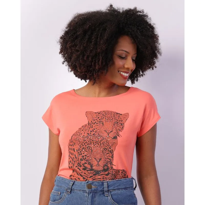 Blusa Feminina Estampa Frontal Aplicação Manga Curta Laranja G