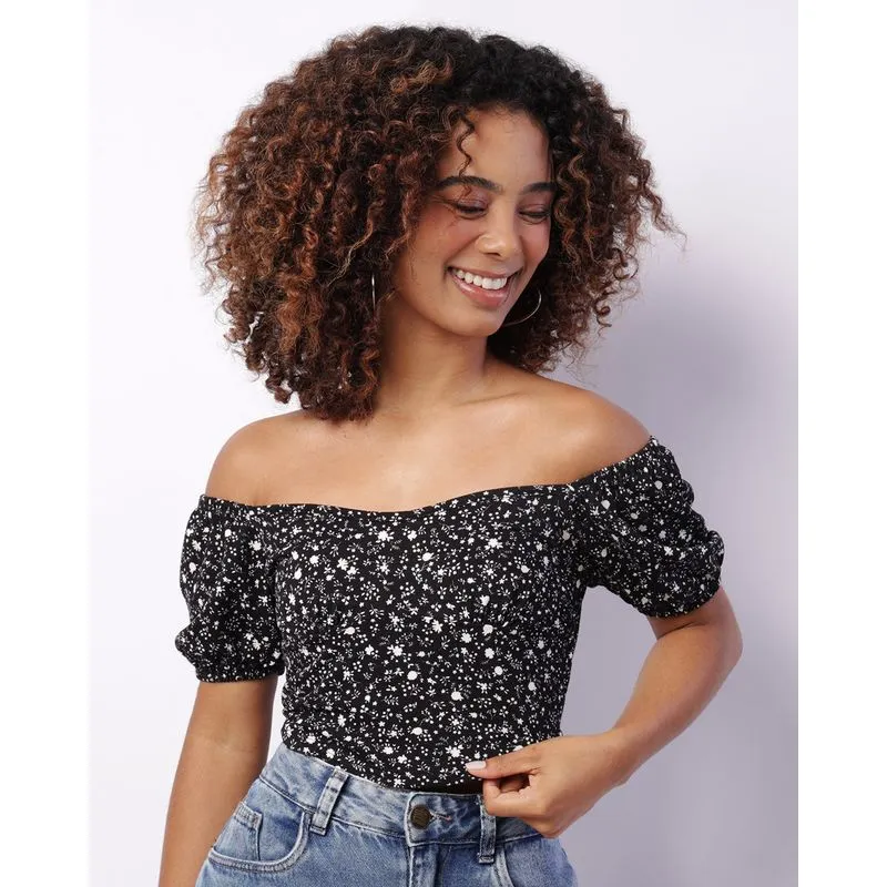 Blusa Feminina Cropped Ciganinha Estampada Preta M