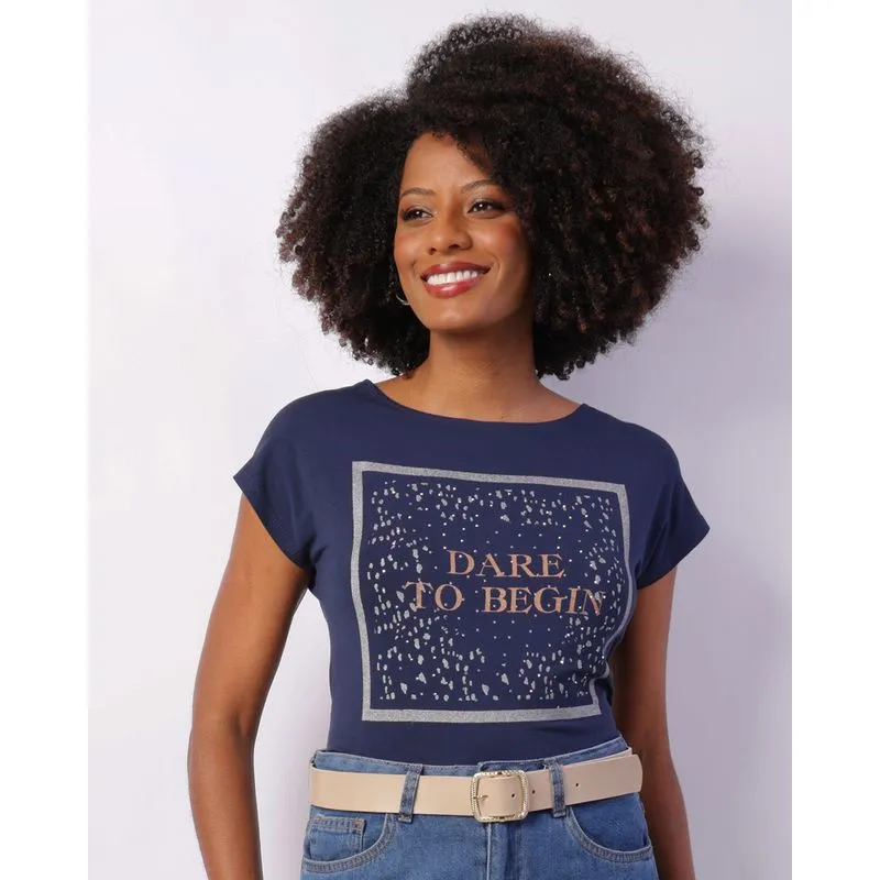 Blusa Feminina Estampa Frontal Aplicação Manga Curta Marinho P
