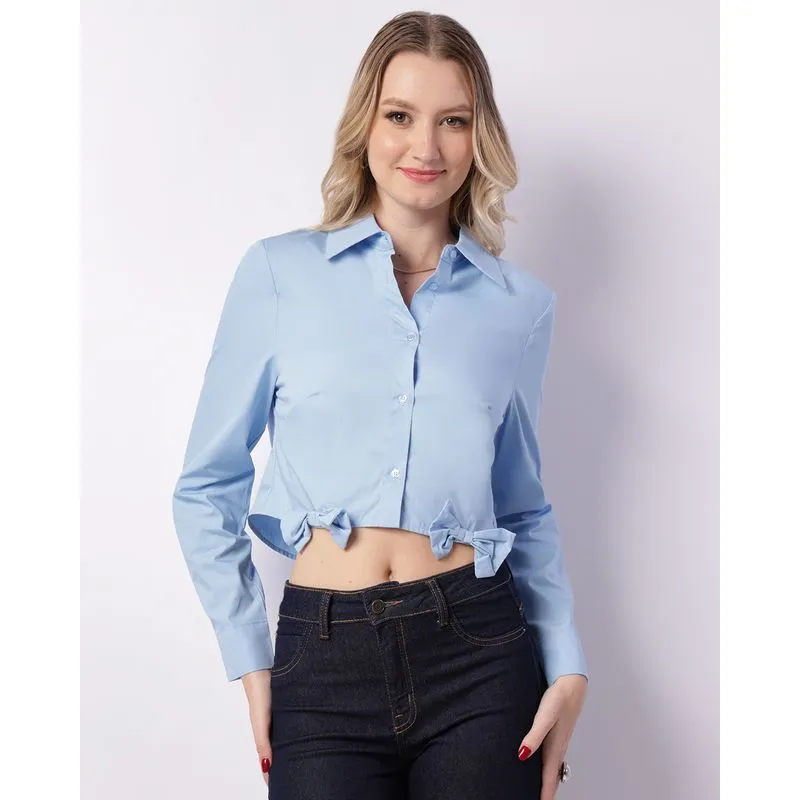 Camisa Feminina Cropped Manga Longa Laços Azul XGG