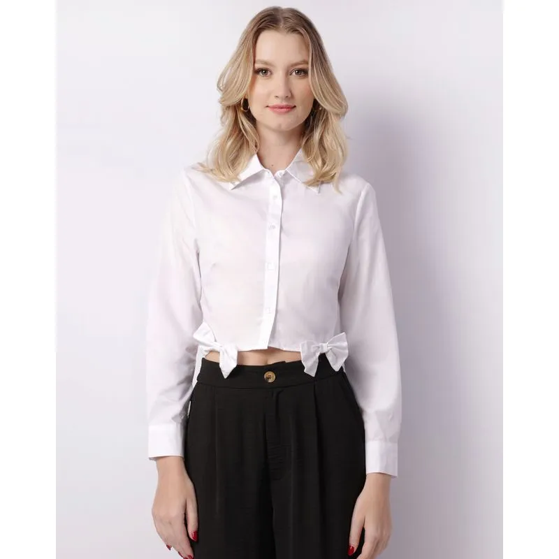 Camisa Feminina Cropped Manga Longa Laços Branca M