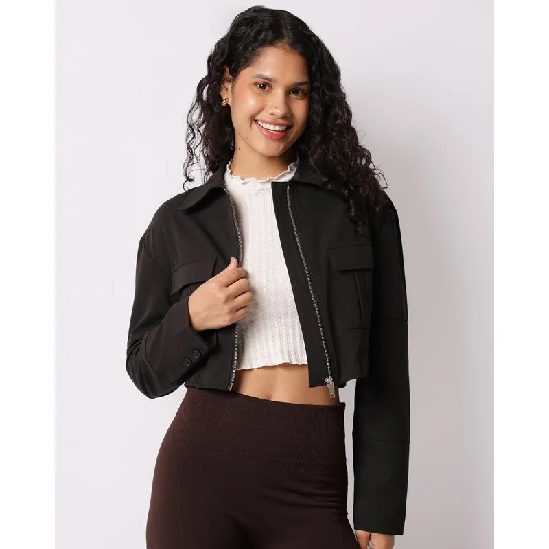 Jaqueta Feminina Alfaiataria Curta Com Bolsos Zíper Preta M