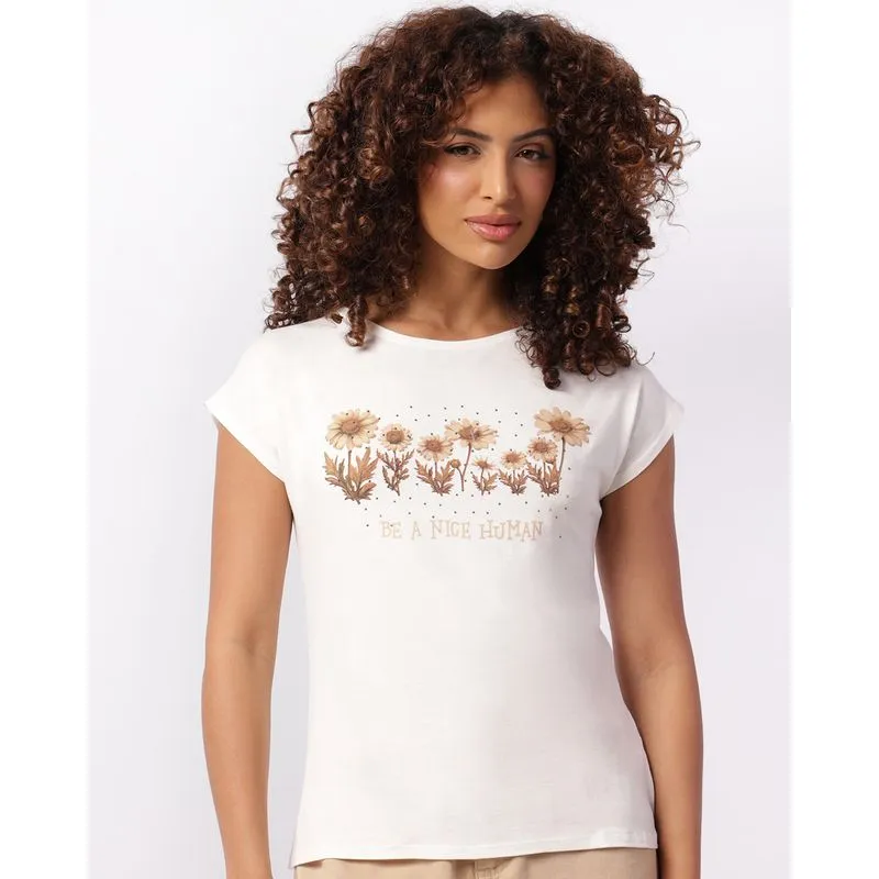 Blusa Feminina Manga Curta Estampa Flores Com Strass Off White M