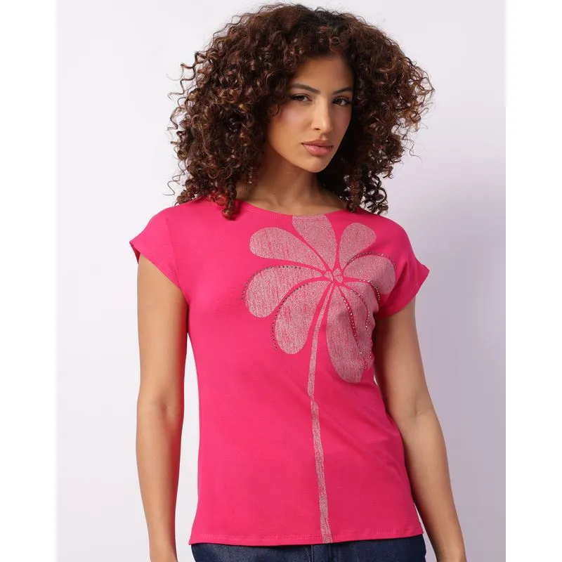 Blusa Feminina Manga Curta Estampa Com Strass Rosa M
