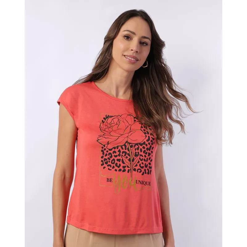 Blusa Feminina Decote Canoa com Estampa Flor Laranja P