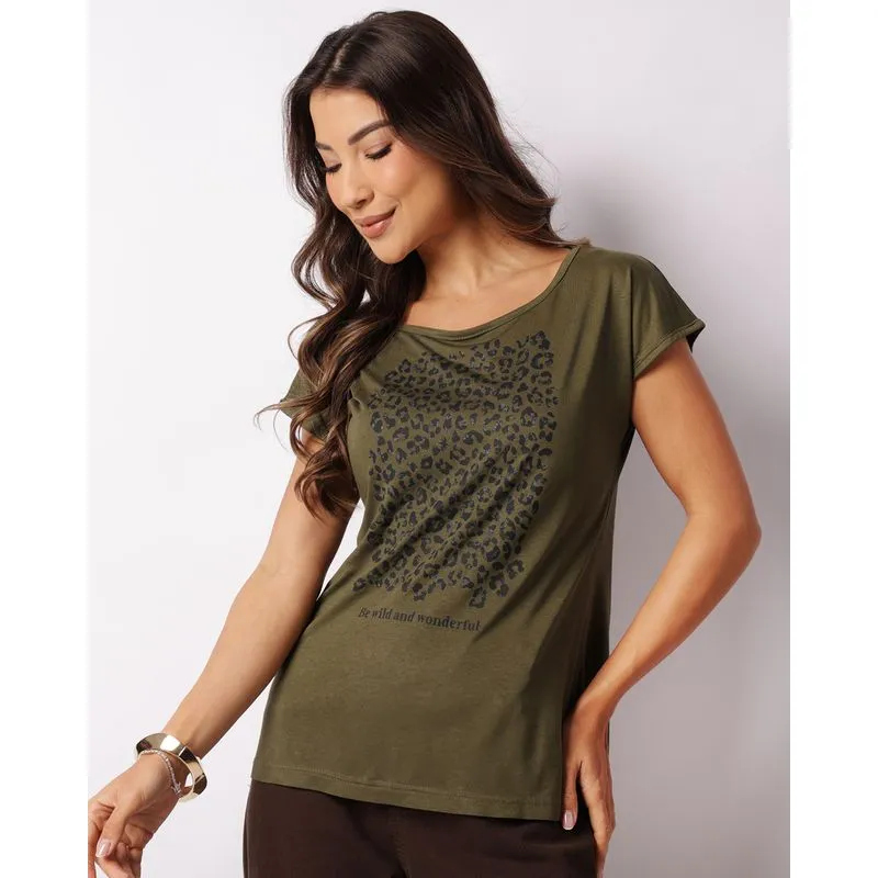 Blusa Feminina Viscose Manga Curta Estampa Frontal Verde P