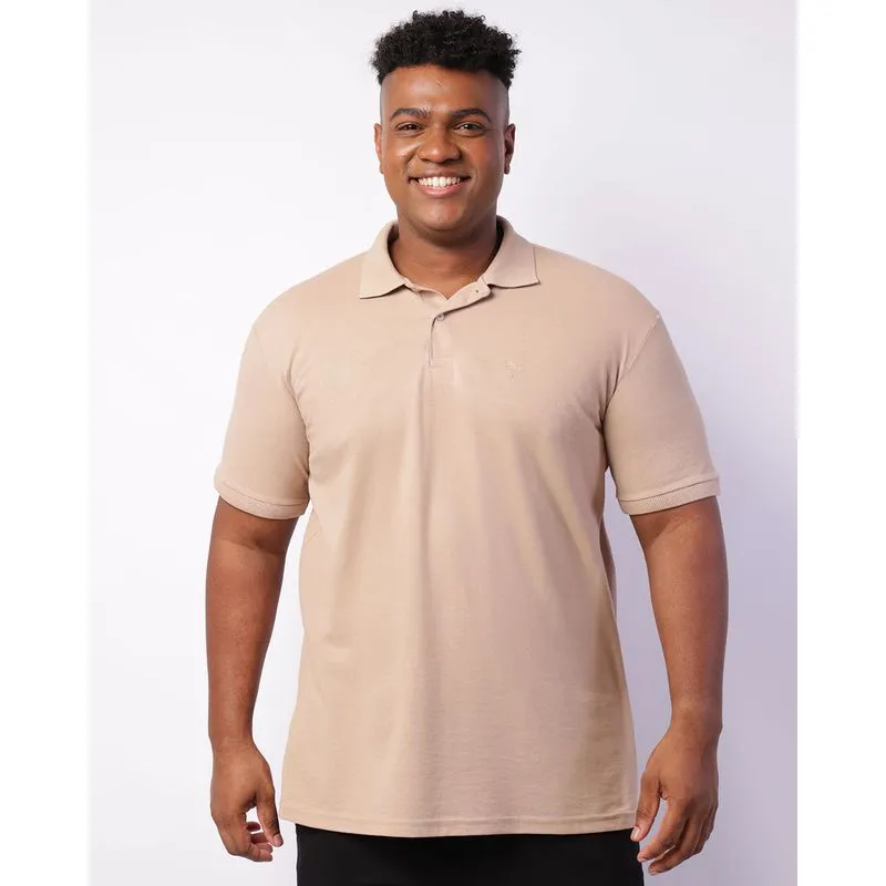 Camisa Polo Plus Size Masculina Manga Curta Bordado Piquet Bege G3