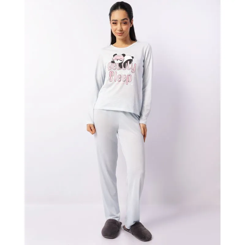 Pijama Feminino Longo Estampado Listrado Azul GG