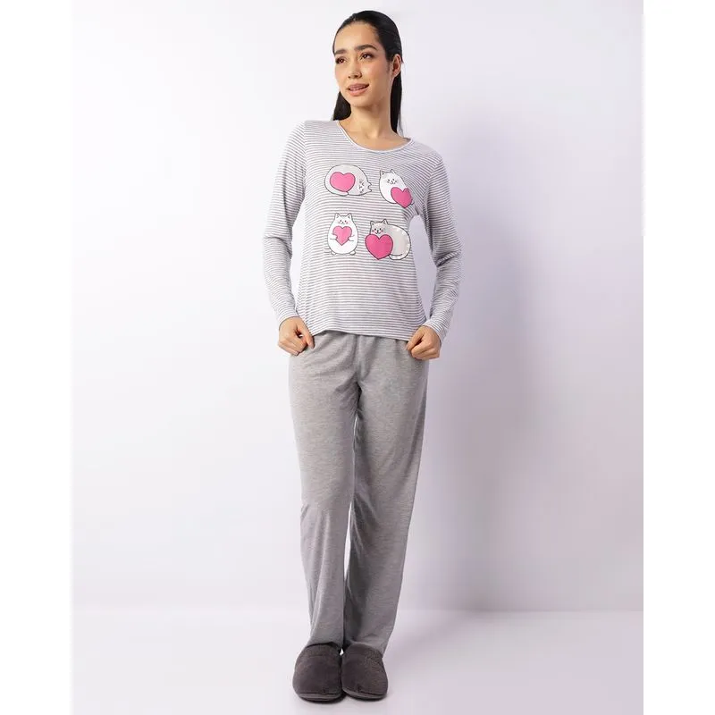 Pijama Feminino Longo Estampado Listrado Cinza P