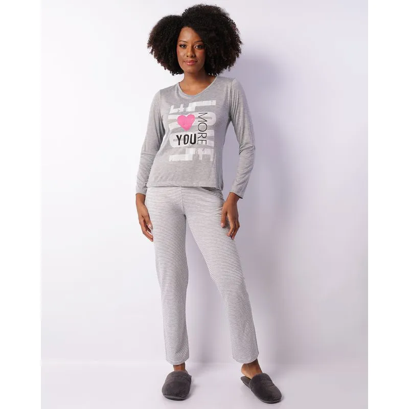 Pijama Feminino Longo Estampado Listrado Cinza G