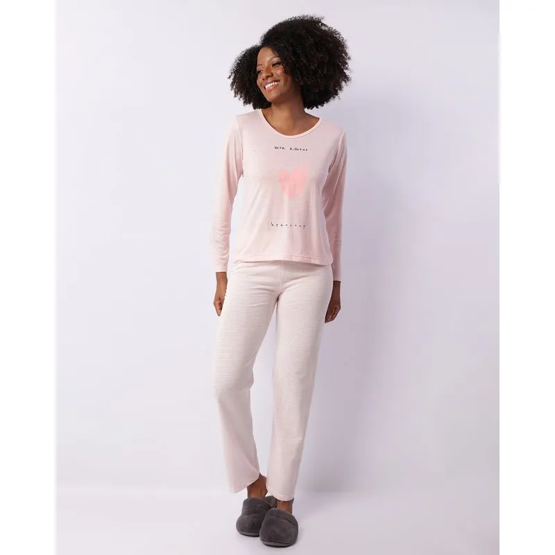 Pijama Feminino Longo Estampado Listrado Rosa G
