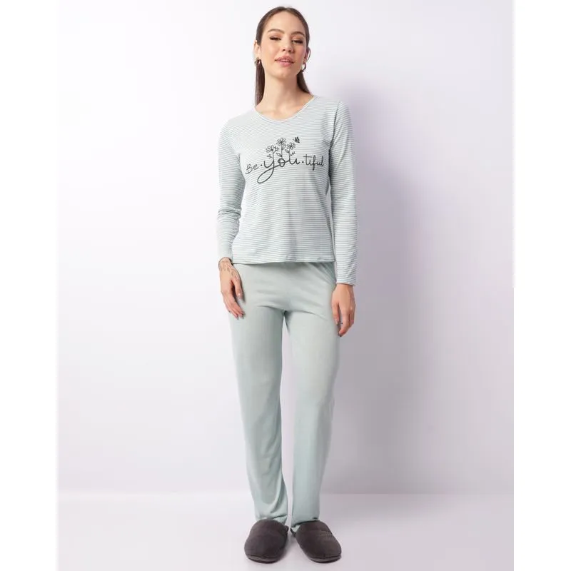 Pijama Feminino Longo Estampa Listrado Verde GG