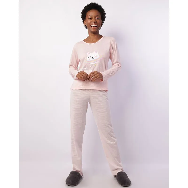 Pijama Feminino Longo com Estampa Listrado Rosa GG