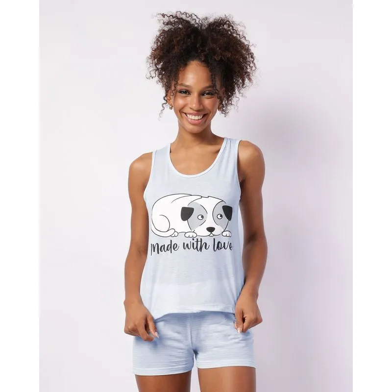 Pijama Feminino Curto Estampa Frontal Cachorro Azul M