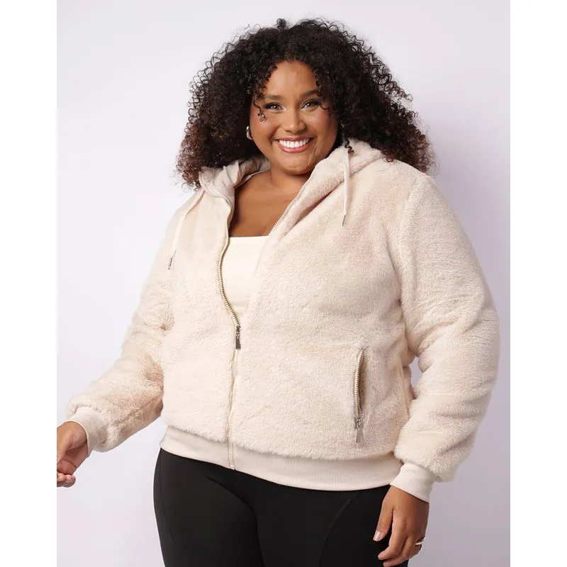Jaqueta Plus Size Feminina Peluciada Com Capuz Bolsos Bege G2