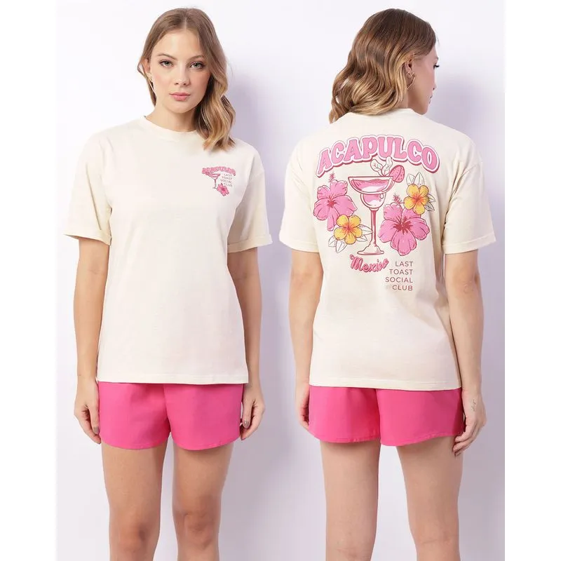 Camiseta Feminina Estampa Frente E Verso Manga Curta Bege GG