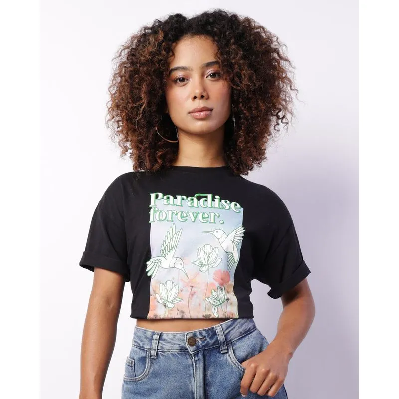 Camiseta Feminina Estampa Beija - Flor Manga Curta Preta GG