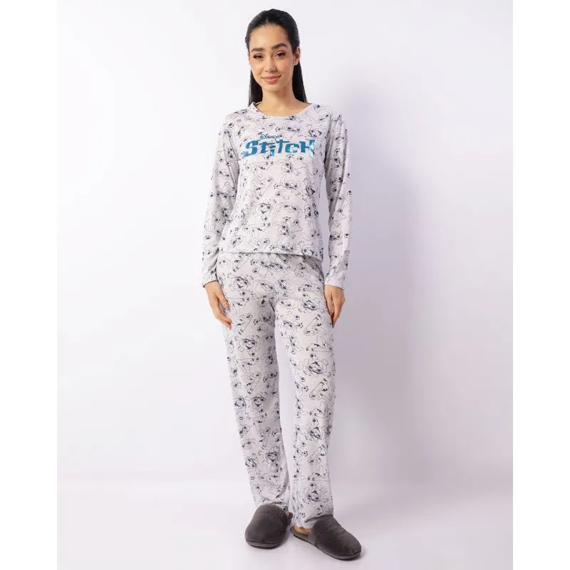 Pijama Feminino Longo Estampado Disney Stitch Cinza G