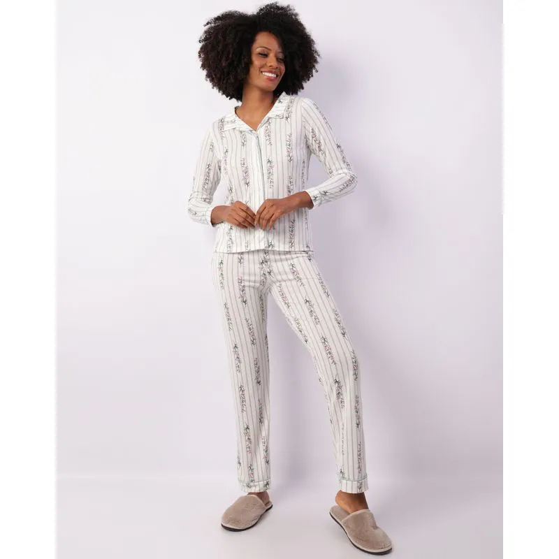Pijama Feminino Americano Longo Estampado Off White G