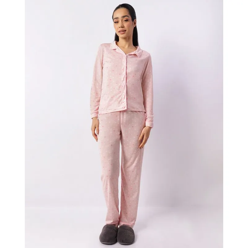 Pijama Feminino Longo Americano Estampa Corações Rosa P