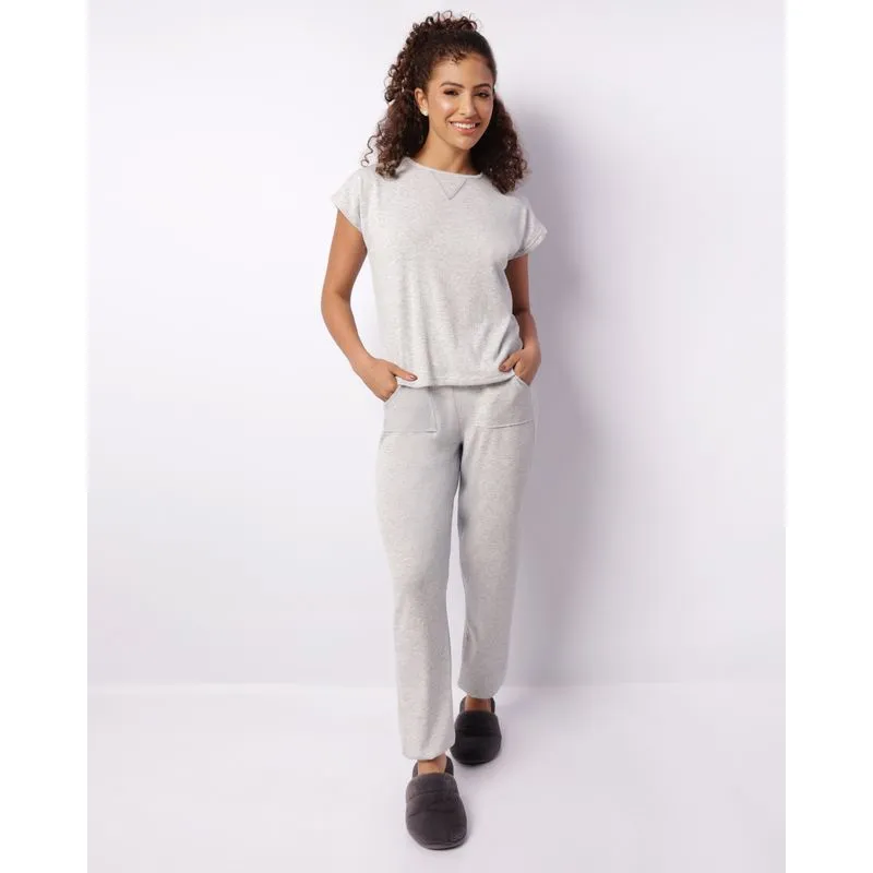 Pijama Feminino Longo Canelado Cinza G