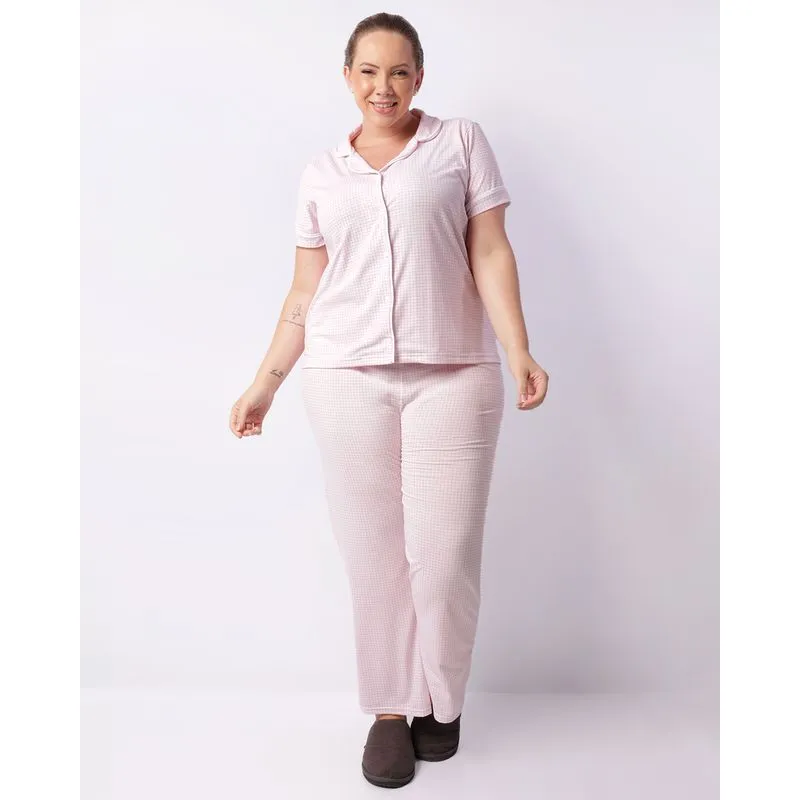 Pijama Plus Size Feminino Longo Americano Xadrez Rosa 50