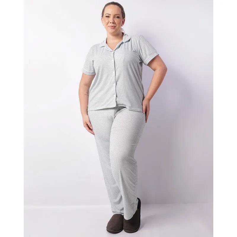 Pijama Plus Size Feminino Longo Americano Xadrez Verde 48