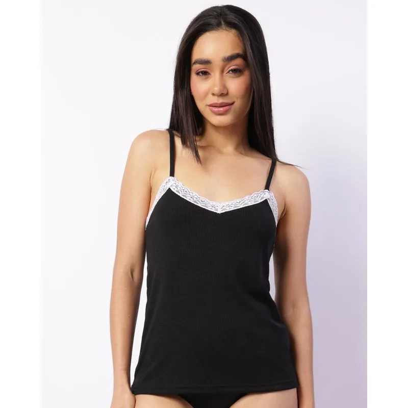Camisete Feminina Alcinha Canelada Detalhe Renda Preta M