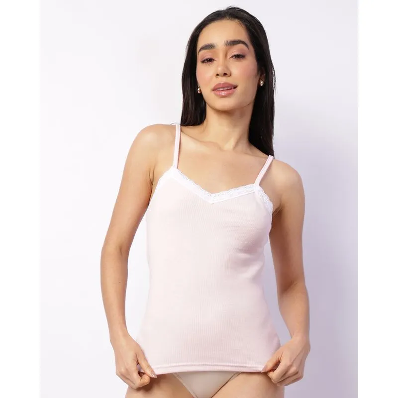 Camisete Feminina Alcinha Canelada Detalhe Renda Rosa G