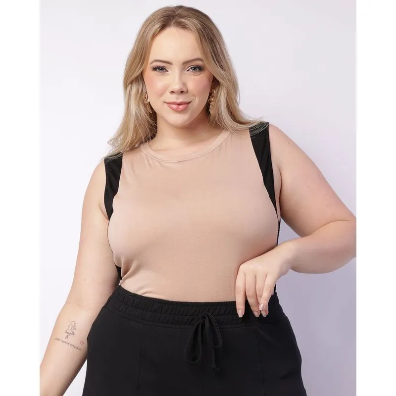 Regata Plus Size Feminina Recortes Viscose Bege G1