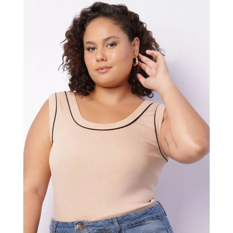 Regata Plus Size Feminina Canelada Básica Com Viés Bege G3