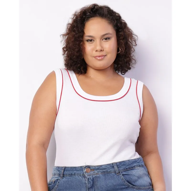 Regata Plus Size Feminina Canelada Básica Com Viés Branca G1
