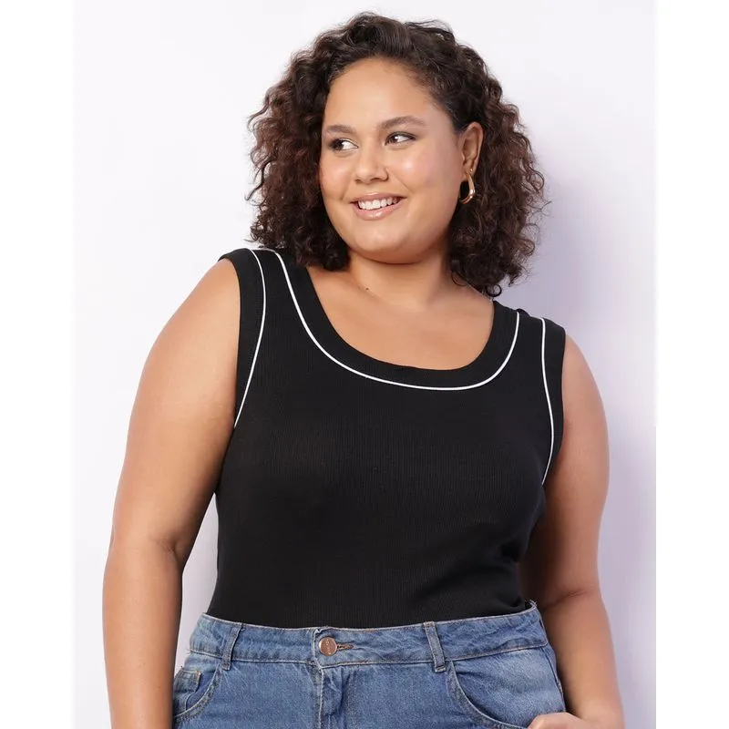 Regata Plus Size Feminina Canelada Básica Com Viés Preta G1