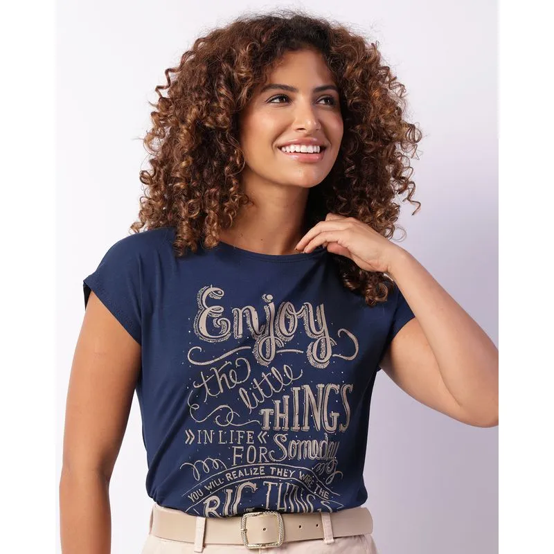 Blusa Feminina Manga Curta Estampa Com Brilho Marinho GG