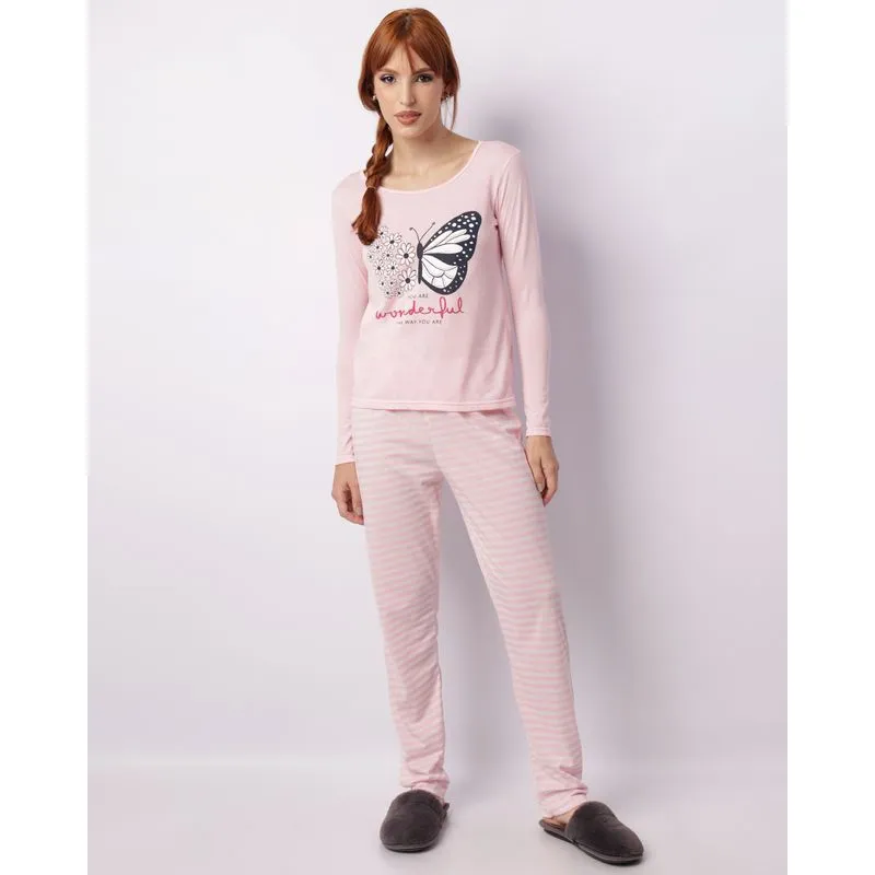 Pijama Feminino Longo Estampa Borboleta Listrado Rosa G