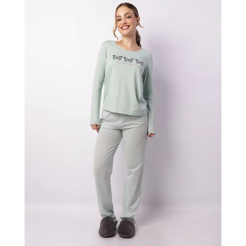 Pijama Feminino Longo Estampa Borboleta Listrado Verde P
